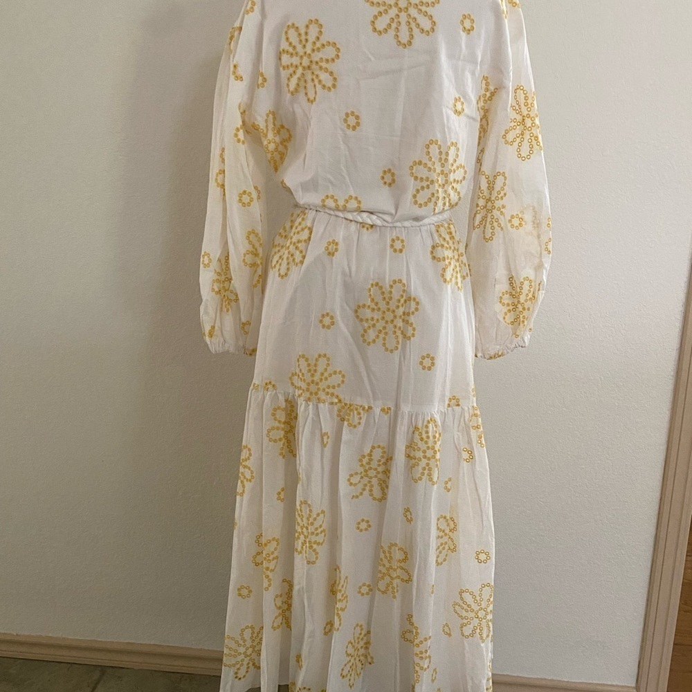 Alexis White Yellow Cottage Core Embroidered Eyelet Midi‎ Dress Women's Large - Picture 7 of 13